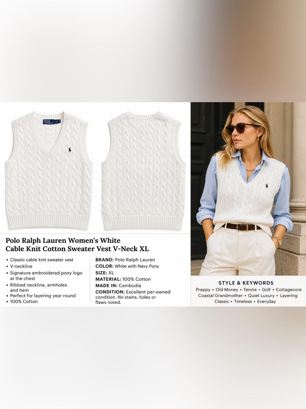 Polo Ralph Lauren Women’s White Cable Knit Cotton Sweater Vest V-Neck XL Classic